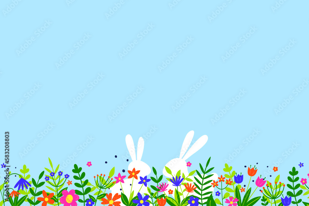 Easter background with bunnies hidden in flower meadow. Vector illustration