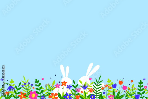 Easter background with bunnies hidden in flower meadow. Vector illustration