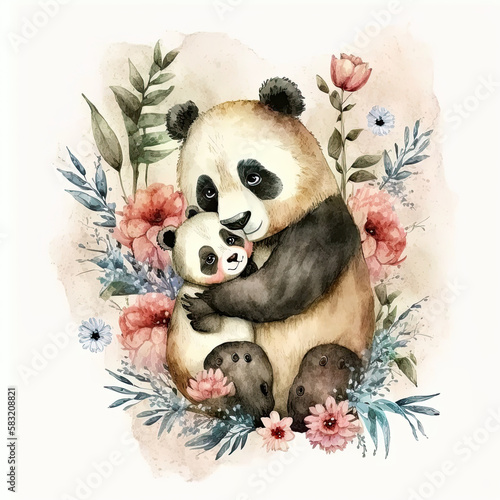 Cute Watercolor Panda. Illustration Generative AI