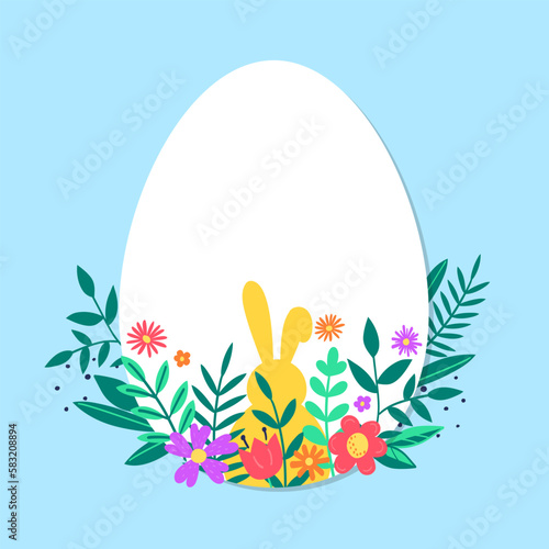 Colourful Easter egg with hand drawn flowers and bunnies. Concept of Easter background. Vector illustration