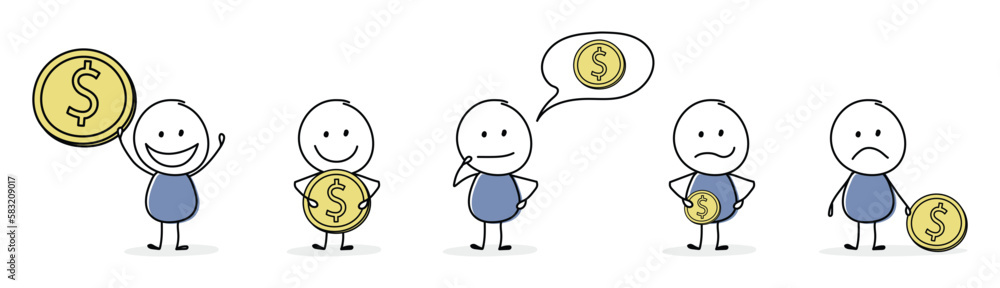 Money saving concept with funny stickman and dollar. Icon collection. Vector Money saving concept with funny stickman and dollar. Icon collection. Vector