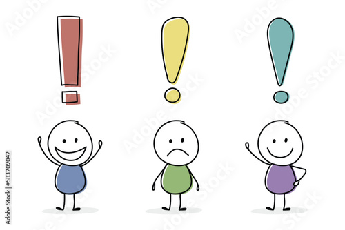 Funny stickman with exclamation mark symbol. Icon set. Vector