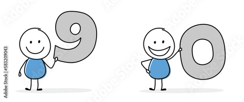 Hand drawn stickman holding number nine and zero symbols. Design of a cartoon icon set for business presentation. Vector illustration