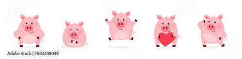 Collection of cute pig characters. Decoration for children. Vector illustration