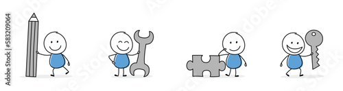 Collection of a funny stickman holding pencil, wrench, puzzle and key sign. Hand drawn icons for a business presentation. Vector illustration