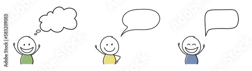 Happy stickman with empty speech bubbles. Vector
