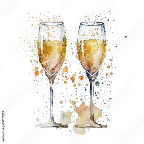 Watercolor Champagne Glasses. Illustration AI Generative.