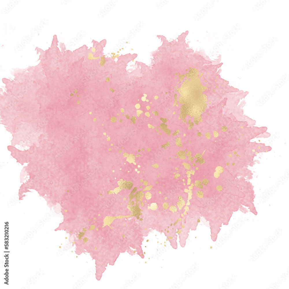 Watercolor abstract background, pink smudge paint, brush stroke element supplemented with gold foil sprinkles. Isolated object on transparent background. png