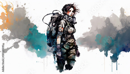 Woman Survivor in Post-Apocalyptic Wasteland in gas mask, Environmental disaster, Armageddon, isolated on white background - watercolor style illustration background by Generative Ai