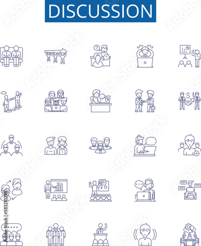 Discussion line icons signs set. Design collection of Debate, Dialogue, Disagreement, Talk, Communication, Arguing, Analysis, Exchange outline concept vector illustrations