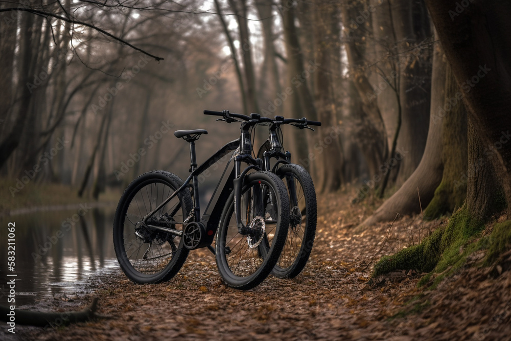 Two mountain bikes stand on the edge of a mountainous area. AI Generated Two mountain bikes stand on the edge of a mountainous area. AI Generated