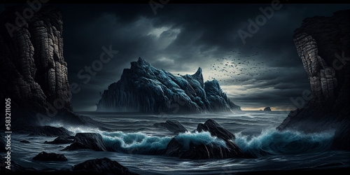 Coastline with dark clouds, big rocks and big waves