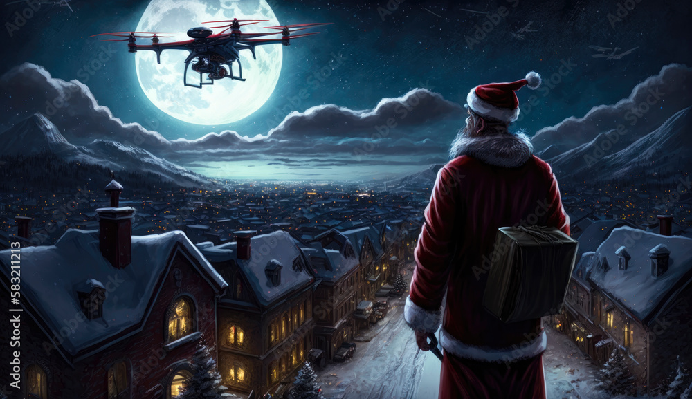 Illustration standing Santa Claus waiting for drone created with Generative AI technology