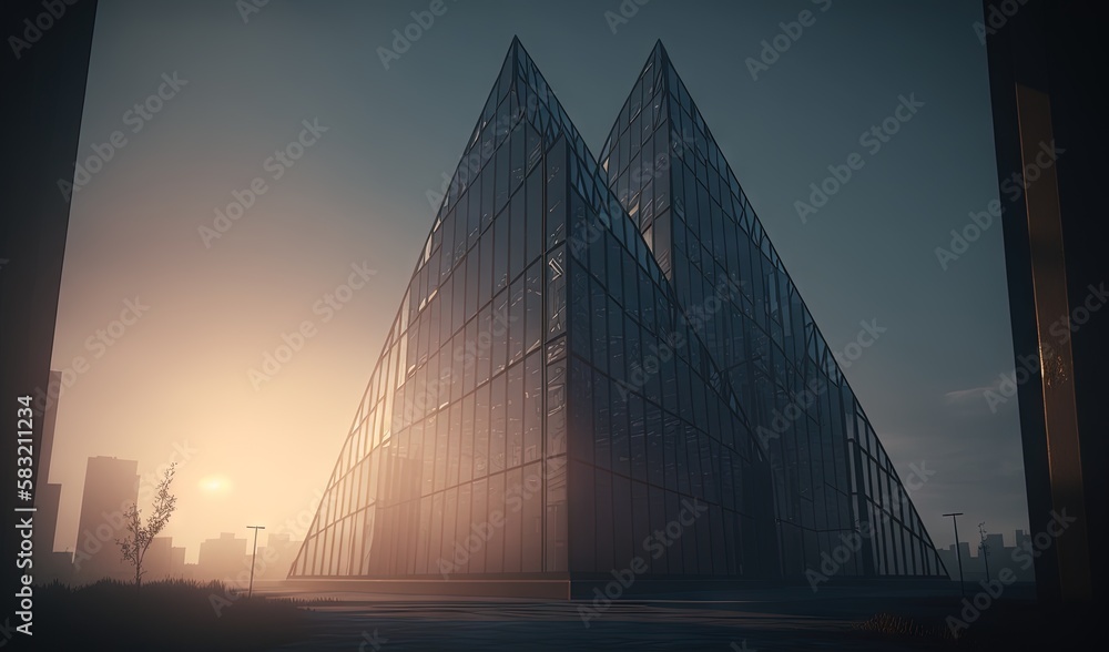  a very tall building with a lot of windows on it's sides and a sun in the background that is shining down on the building.  generative ai