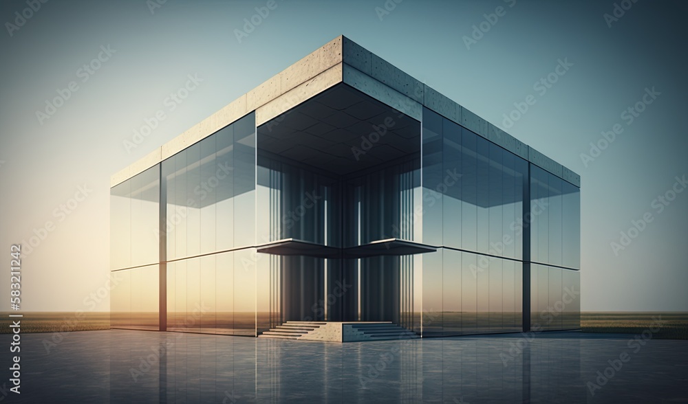 a glass building with a staircase leading up to the top of it in the middle of a field with grass and a blue sky in the background. generative ai a glass building with a staircase leading up to the top of it in the middle of a field with grass and a blue sky in the background. generative ai
