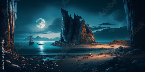 Coastline with big rocks, the moon and a ship in the back 