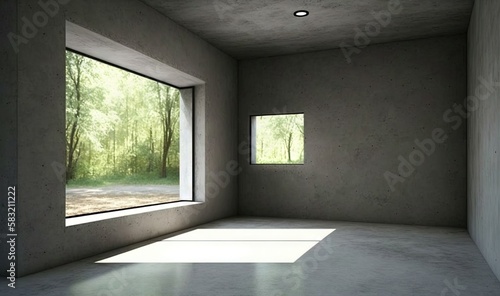  an empty room with a large window and a small window in the corner of the room with the light coming in from the window on the wall. generative ai