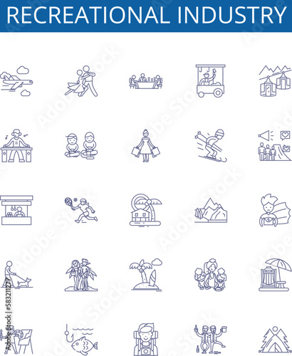 Recreational industry line icons signs set. Design collection of Hiking, Boating, Skiing, Fishing, Camping, Swimming, Surfing, Kayaking outline concept vector illustrations