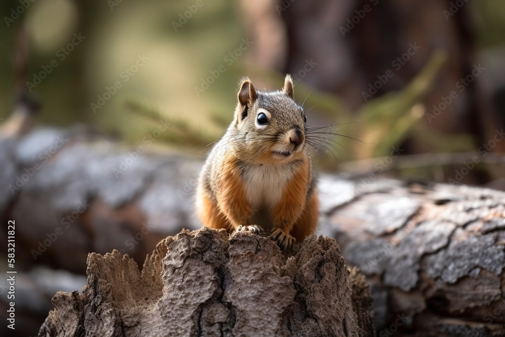 Cute small squirrel sitting on the tree trunk, created with generative AI Cute small squirrel sitting on the tree trunk, created with generative AI