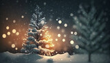 Christmas tree and light bokeh with snowfall created with generative AI