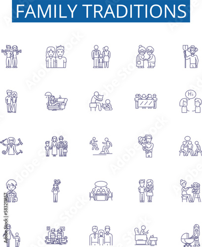 Family traditions line icons signs set. Design collection of Traditions, Family, Celebrations, Rituals, Customs, Histories, Inheritance, Heritage outline concept vector illustrations photo