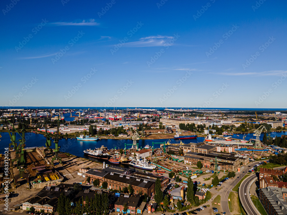 Top view of the shipyard in Gdansk on a summer,sunny day.