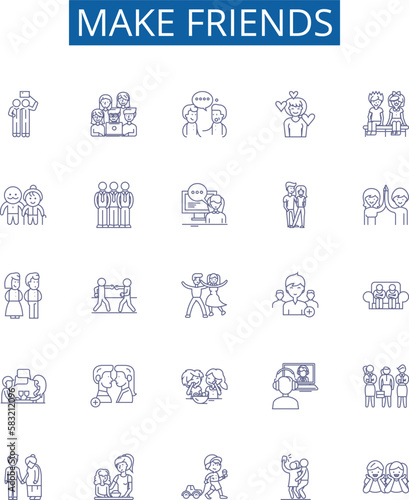 Make friends line icons signs set. Design collection of Connect, Mingle, Socialize, Acquaint, Network, Associate, Join, Unite outline concept vector illustrations