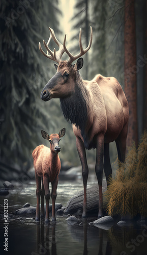 Elk and Baby Elk. Generative AI