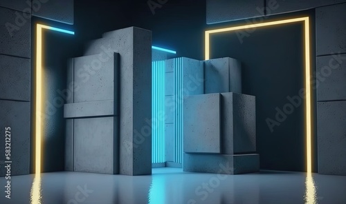  a room with a neon light and a concrete structure in the middle of the room, with a door and a light at the end of the room. generative ai