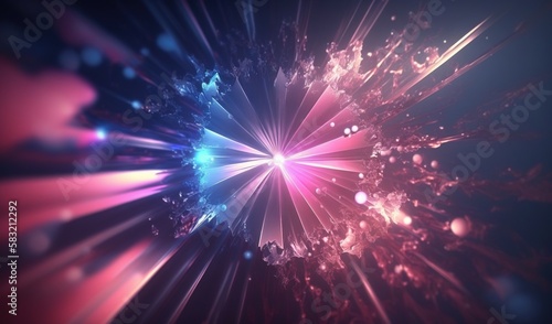  a colorful explosion of light and stars in the night sky  with a star burst in the middle of the image  and a blue and pink and purple background.  generative ai