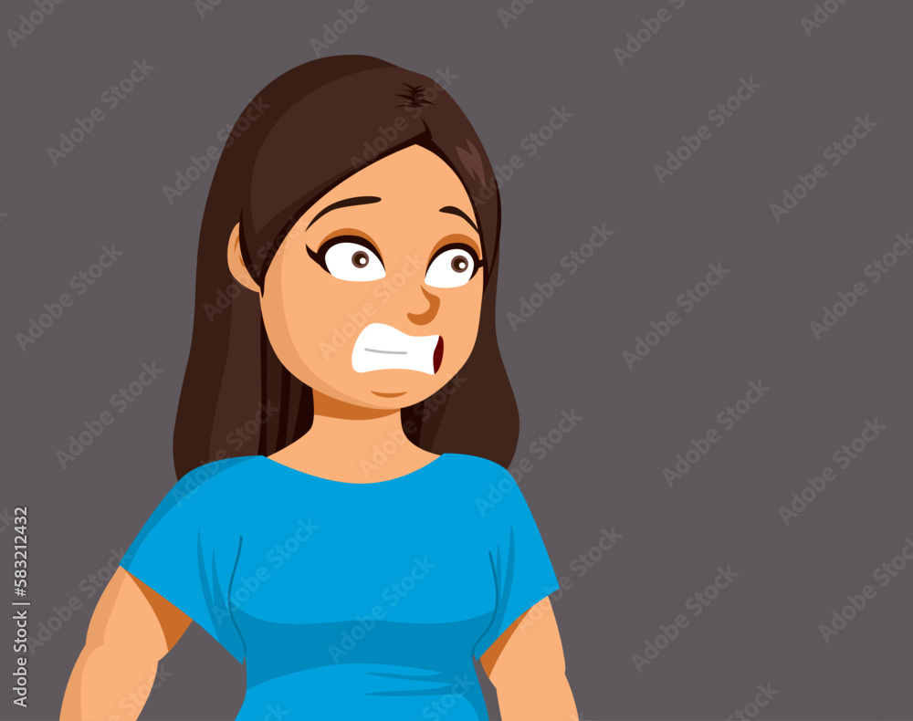 Vector illustration of shocked plus size woman with terrified face expression stressed. Female person concerned about her health - obrazy, fototapety, plakaty 