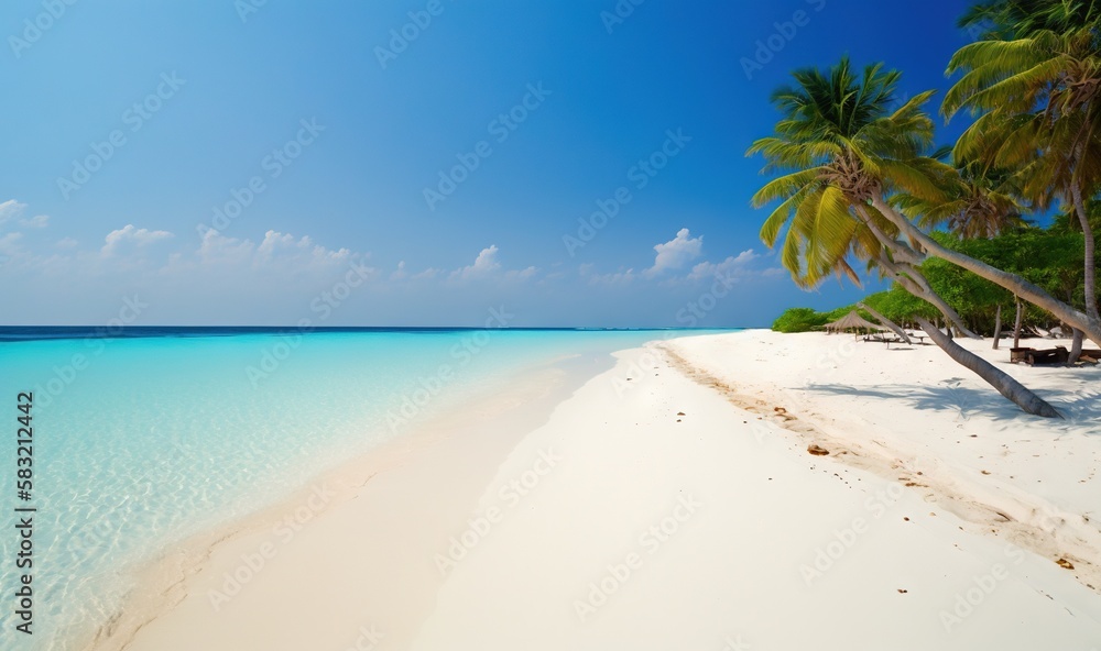 a sandy beach with palm trees and clear blue water on a sunny day in the tropical island of aruba, cuba, west of the united states of america. generative ai a sandy beach with palm trees and clear blue water on a sunny day in the tropical island of aruba, cuba, west of the united states of america. generative ai