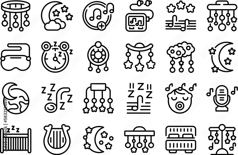 Lullaby icons set outline vector. Moon crescent. Baby sleep