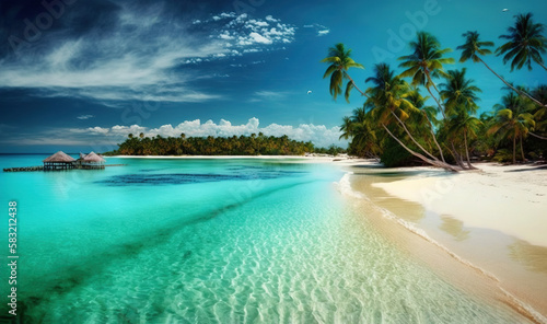  a tropical beach with palm trees and a hut in the water on a clear day with blue skies and clouds above it and a white sand beach. generative ai