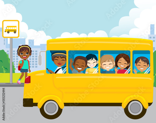 Vector illustration of young girl taking yellow school bus. Back to school drawing