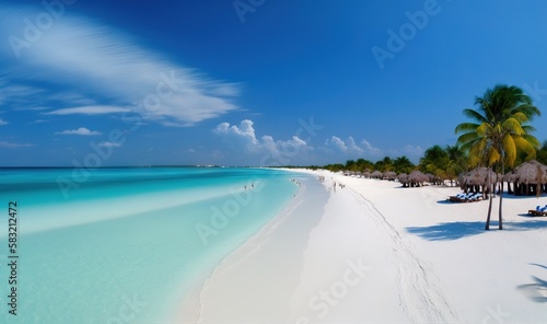  a sandy beach with palm trees and a blue sky in the background and a white sand beach with blue water and palm trees in the foreground. generative ai
