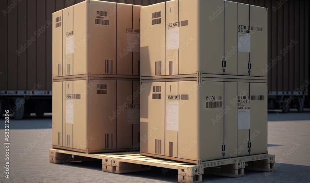 a couple of boxes sitting on top of a pallet in front of a warehouse building with a building in the backgrouund. generative ai a couple of boxes sitting on top of a pallet in front of a warehouse building with a building in the backgrouund. generative ai