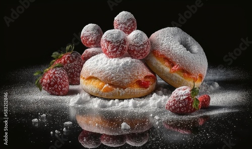  a pastry with powdered sugar and strawberries on a black background with a reflection of the powdered pastry and strawberries on the table. generative ai