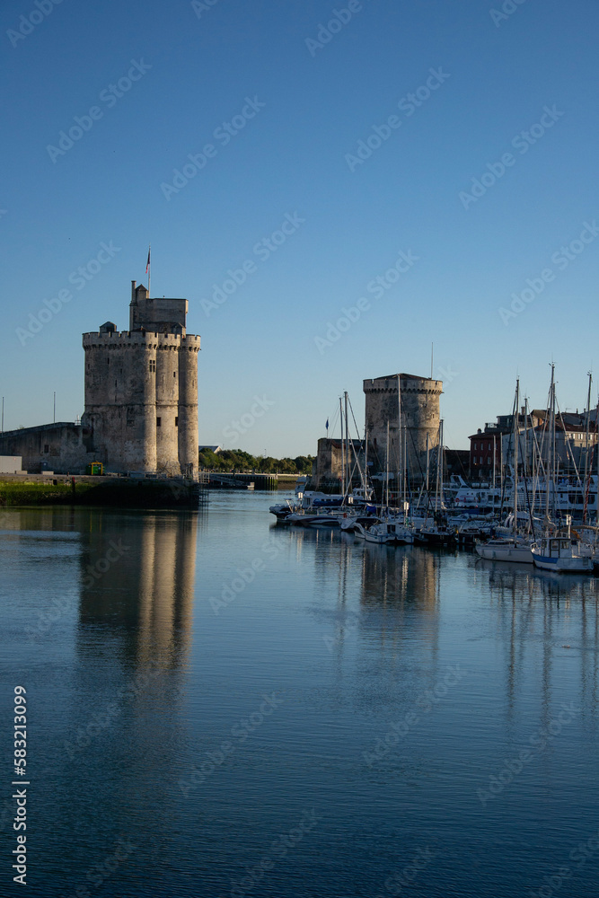 La Rochelle towers at sunset