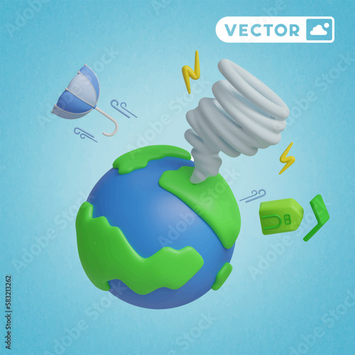 hurricane attacking the world 3D vector icon set, on a blue background