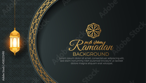 elegant ramadan mubarak 2023 template banner with luxury shiny islamic ornament and abstract gradient black and golden background design