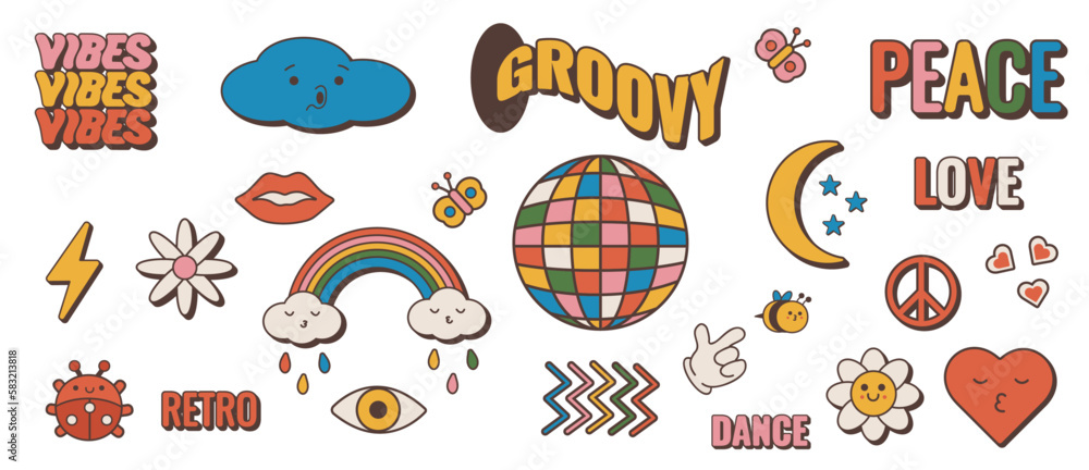 Groovy hippie 70s set. Funny cartoon flower, rainbow, peace, Love, heart, bee, ladybug. Sticker pack in trendy retro cartoon style. Isolated vector illustration