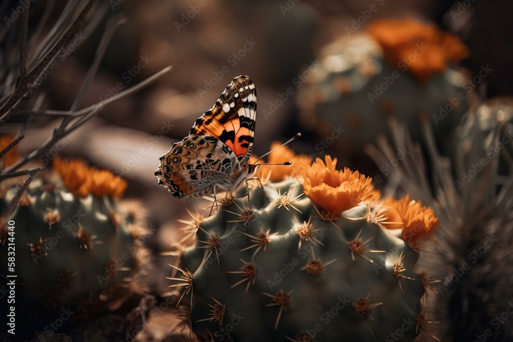 Obraz premium A butterfly on a cactus Generative AI
