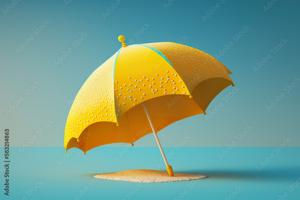 Illustration of beach 3D yellow umbrella backdground 3D rendering. Summer vacation concept. 3D realistic illustration. Based on Generative AI