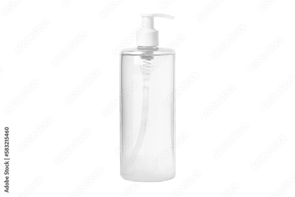 Moisturizing toner, serum, micellar water isolated on white background. Transparent cosmetic bottles. With dispenser