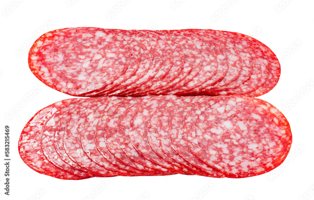 Salami sausage meat with bacon, cut into circles two row, side view, close-up isolated on white background with clipping path Salami sausage meat with bacon, cut into circles two row, side view, close-up isolated on white background with clipping path