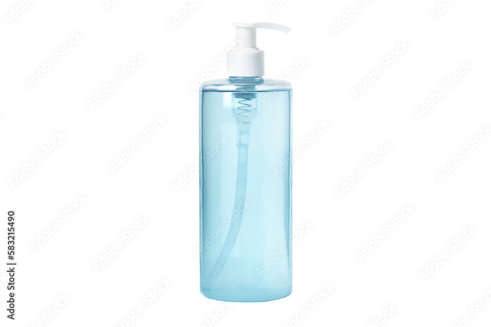 Moisturizing blue, cyan cosmetic tonic, serum, micellar water isolated on white background. Transparent cosmetic bottles. With dispenser Moisturizing blue, cyan cosmetic tonic, serum, micellar water isolated on white background. Transparent cosmetic bottles. With dispenser