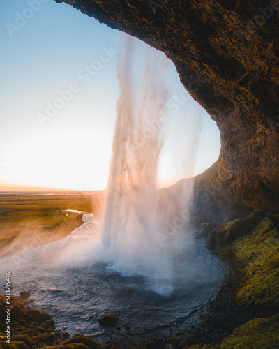 Fototapeta Naklejka Na Ścianę i Meble -  Seljalandsfoss Waterfall Iceland Backside Sunset 