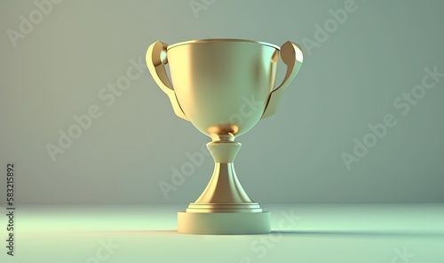  a golden trophy cup sitting on top of a white counter top next to a gray wall with a shadow on it and a shadow on the floor. generative ai