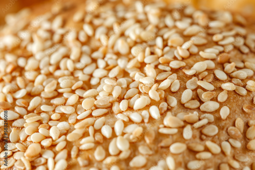 Sesame seeds sprinkled on a loaf of bread close-up, selective focus Sesame seeds sprinkled on a loaf of bread close-up, selective focus